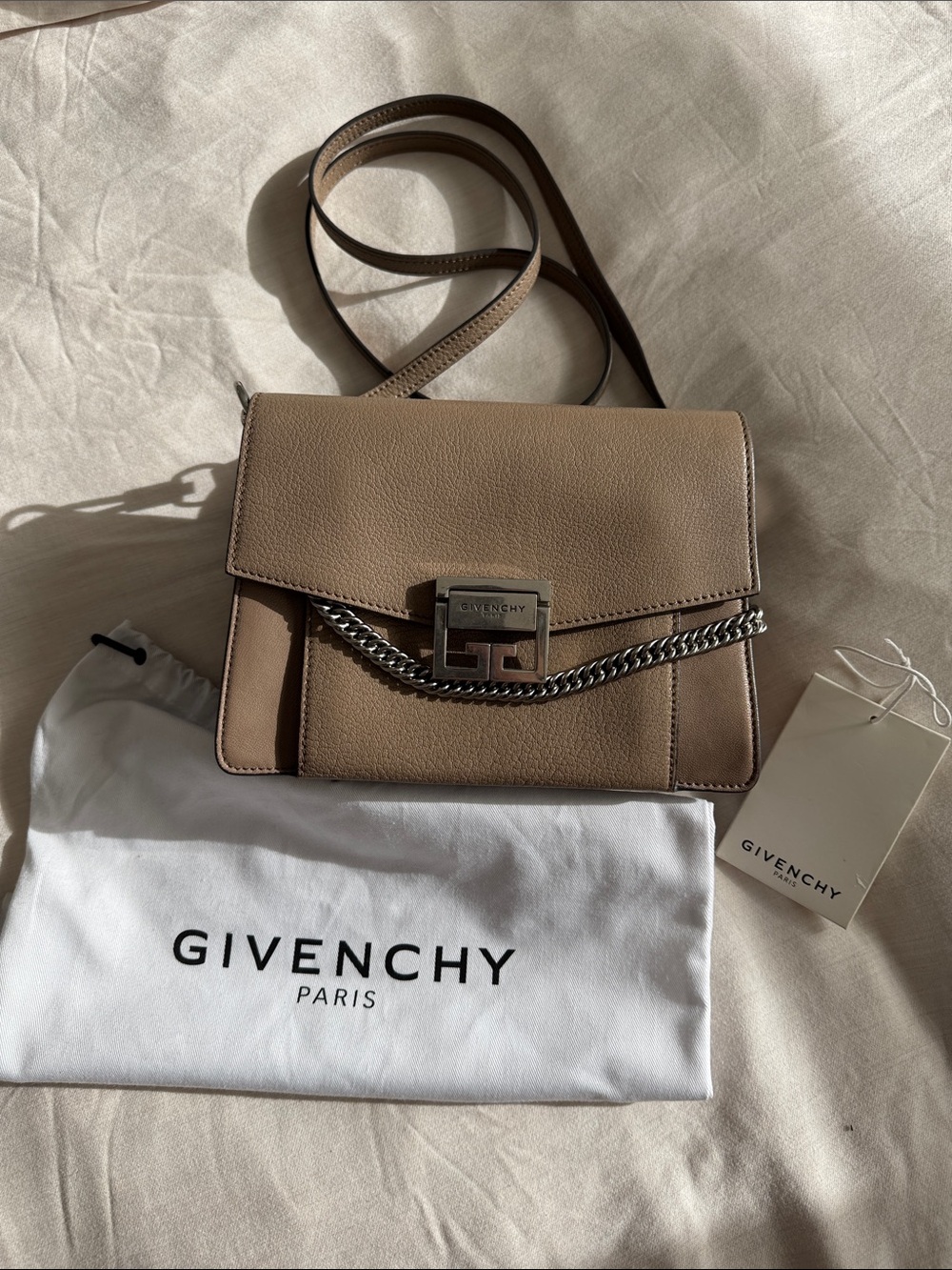 Givenchy Taupe Leather Chain Crossbody Bag with Silver Hardware